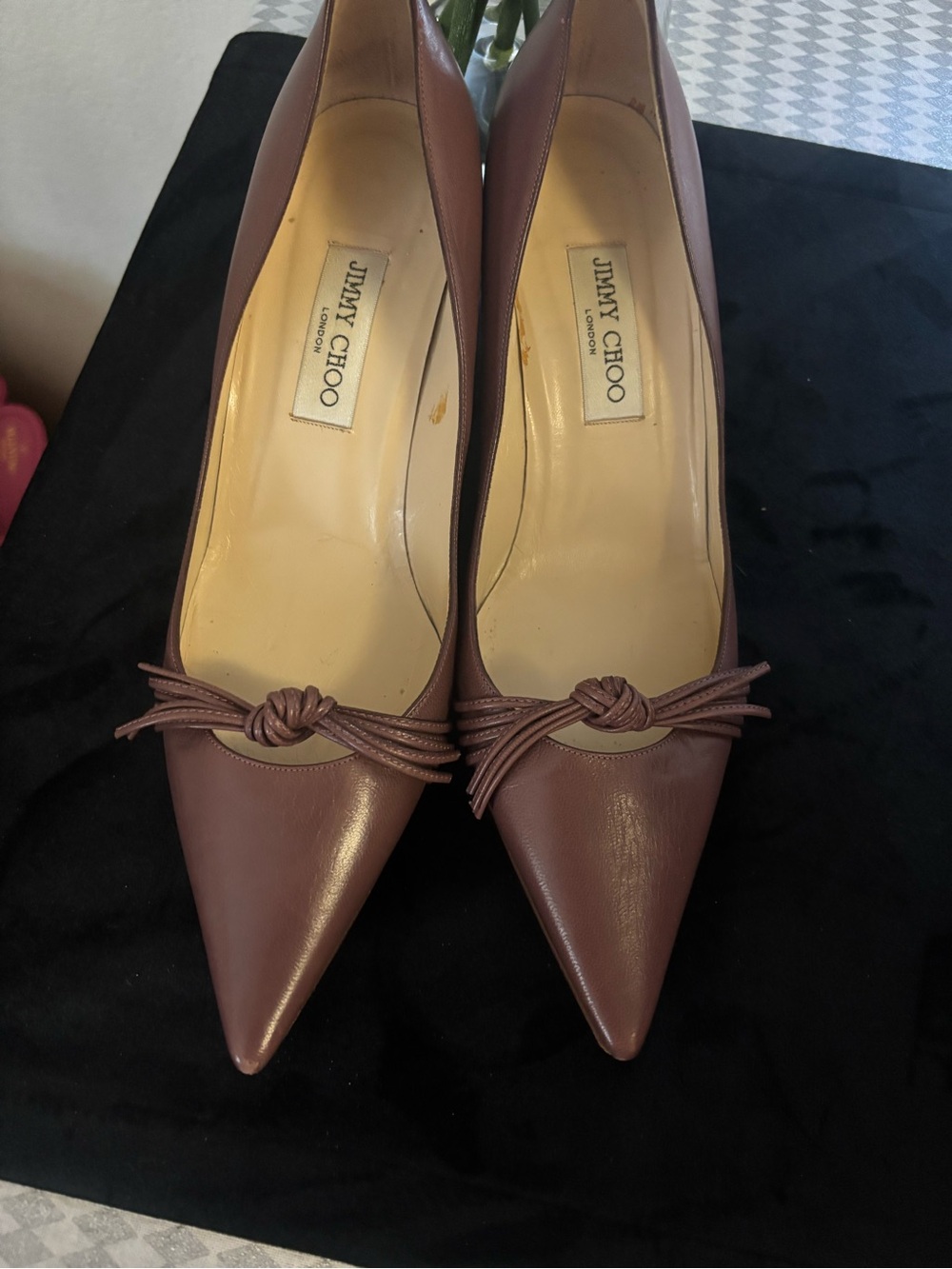 Jimmy Choo Brown Pointed Toe Knot-Trim Leather Pumps